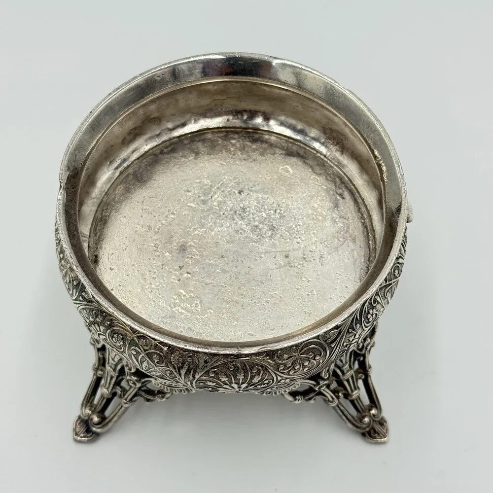 Antique Racine.SP. CO Silver Plate Salt Cellar Ornate Four Legs Rare 2.3”x 3.3”